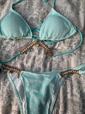 Mint Textured Bikini Set Rhinestone Beachy Chain Detail Size L